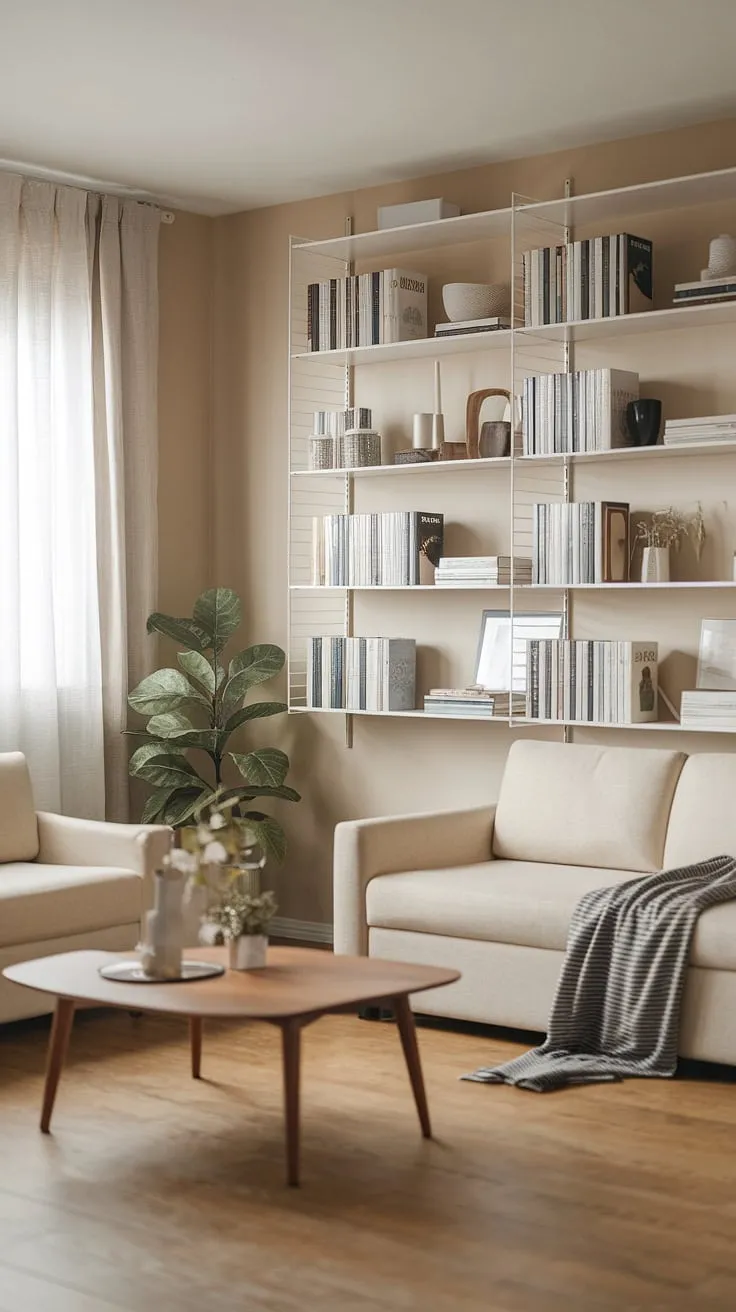 This japandi living room showcases minimalistic home decor with a beige sofa, wooden coffee table, and a soft beige palette, embodying the essence of japandi interior design.
