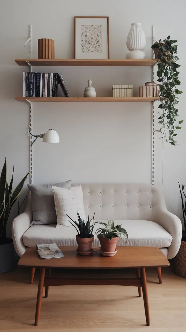 The Japandi interiors of this living room feature a beige sofa and wooden accents, creating a harmonious minimalistic home that reflects Japandi style.