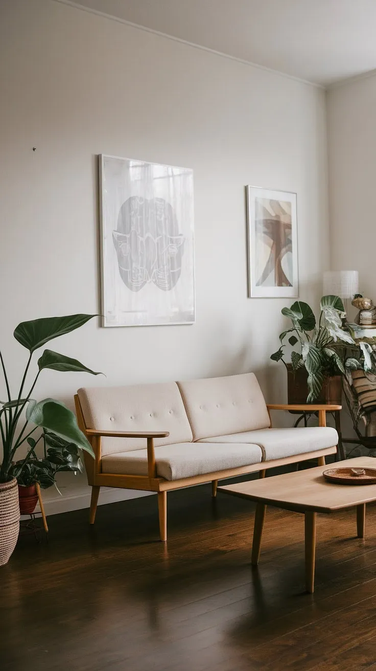 The Japandi interiors of this living room feature a harmonious blend of minimalistic home decor, including a beige sofa and wooden elements, creating a tranquil Japandi home atmosphere.