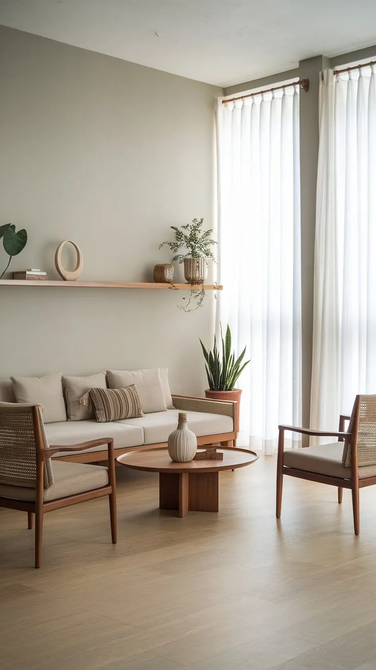 The japandi style is beautifully reflected in this living room, featuring a beige sofa, wooden accents, and a light color palette for a tranquil japandi home atmosphere.