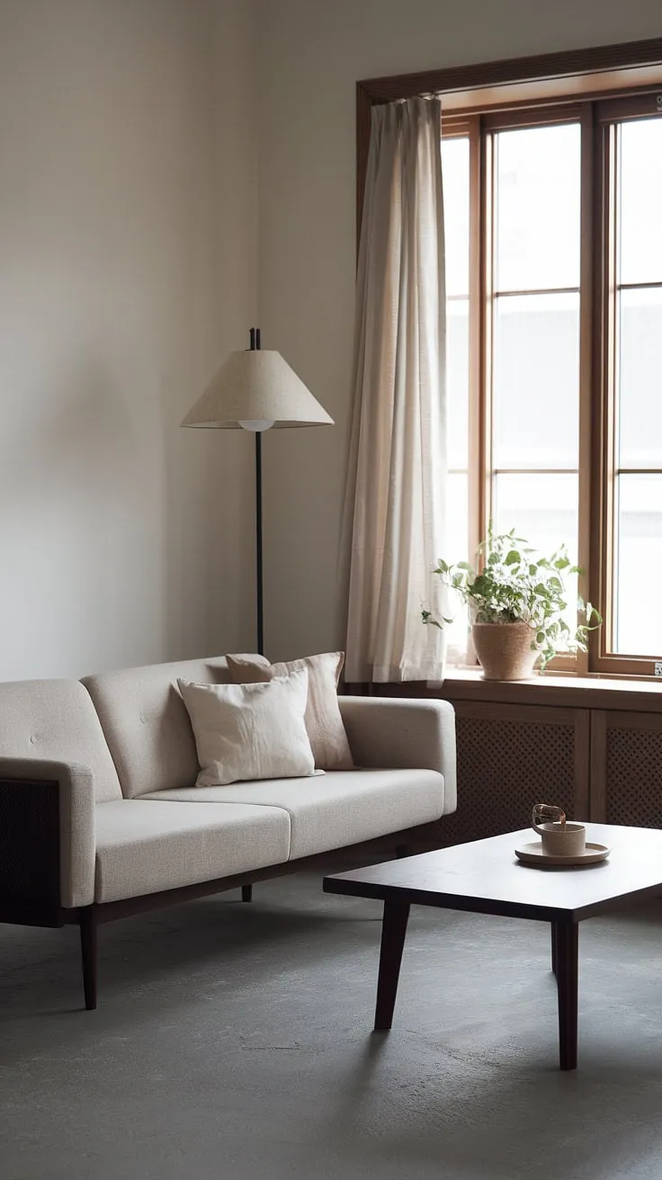 The Japandi interiors of this living room feature a harmonious blend of minimalistic home decor, highlighted by a beige sofa and dark wooden elements, creating a tranquil Japandi home atmosphere.