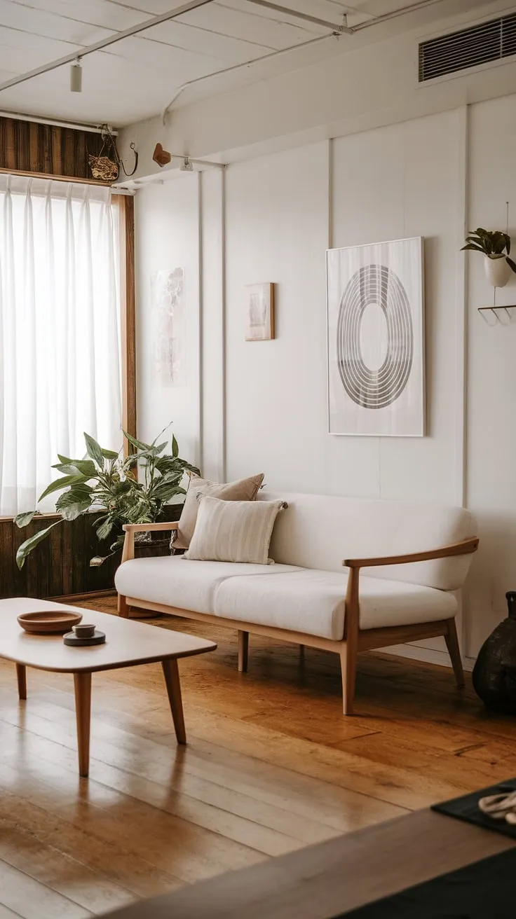 The japandi interiors of this living room feature a harmonious blend of minimalistic home decor, including a white sofa and wooden elements, creating a tranquil japandi home atmosphere.