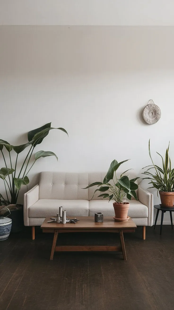 This Japandi living room showcases minimalistic home decor with a beige sofa, dark wood flooring, and carefully curated potted plants, embodying the essence of Japandi interior design.