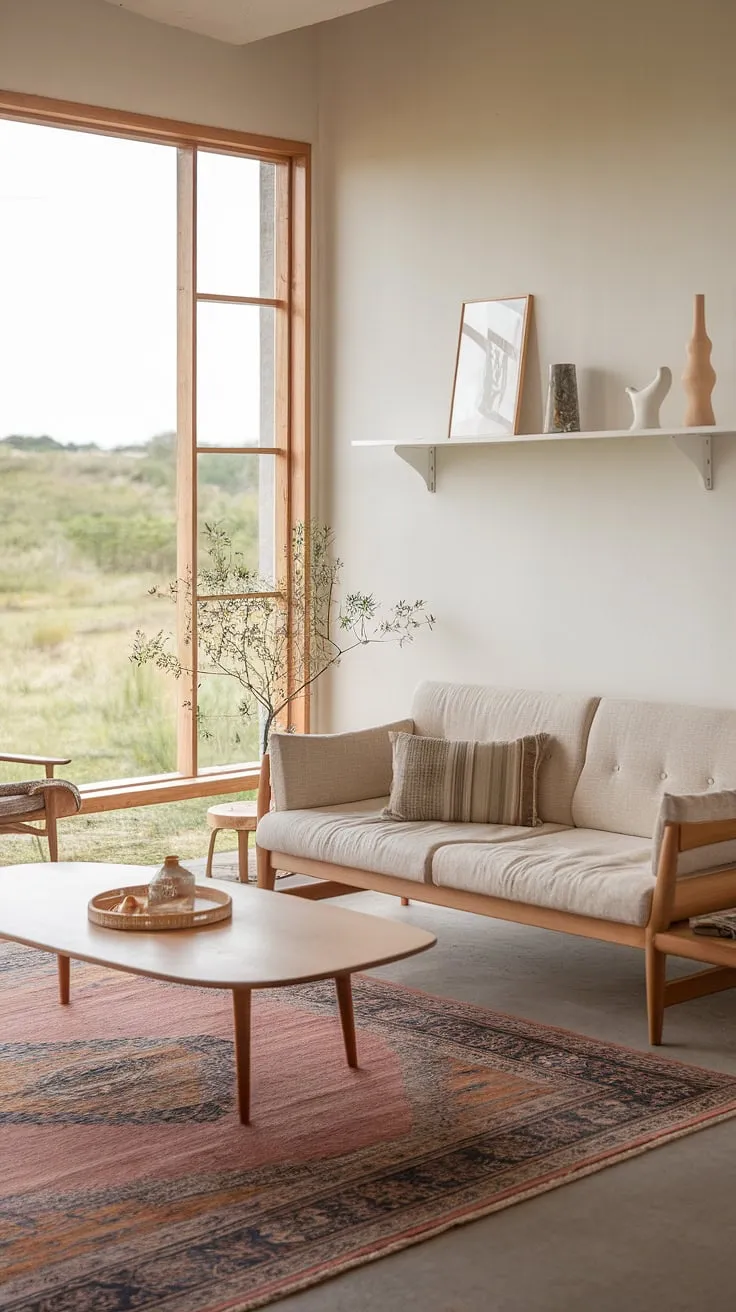 This Japandi living room showcases minimalistic home decor with a beige sofa, wooden accents, and a patterned rug, perfectly blending nature and tranquility in Japandi interiors.