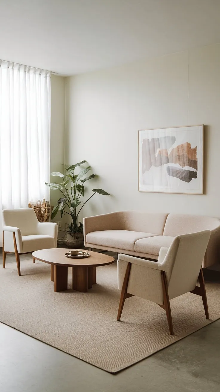 This Japandi living room showcases minimalistic home decor with a beige sofa, wooden accents, and a potted plant, perfectly embodying Japandi interior design.