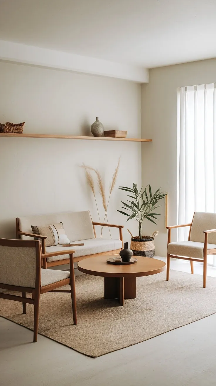 This Japandi living room showcases minimalistic home decor with a beige sofa, wooden accents, and a clean, functional design that embodies Japandi style.