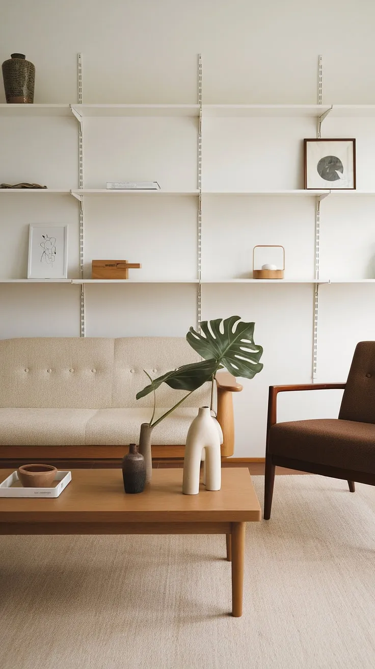 The japandi interiors of this living room feature a harmonious blend of minimalistic home decor, highlighted by a beige sofa and wooden elements, creating a tranquil japandi home atmosphere.