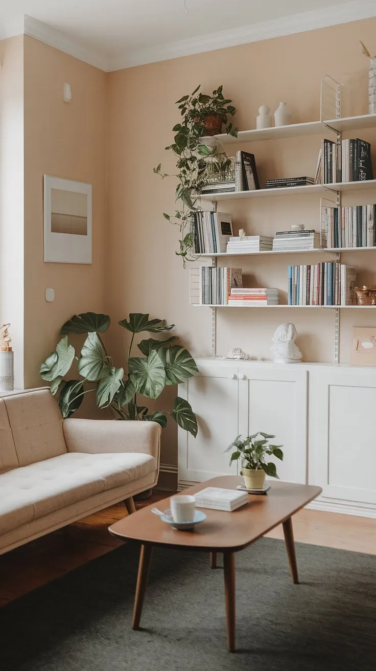 The Japandi style living room features a blend of minimalistic home elements, including a beige sofa, wooden furniture, and a cozy dark grey rug, perfect for Japandi living.