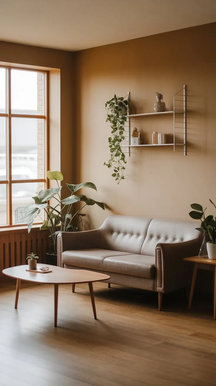 The Japandi home features a beautifully designed living room with minimalistic home decor, highlighted by a cozy sofa, wooden elements, and a calming atmosphere.