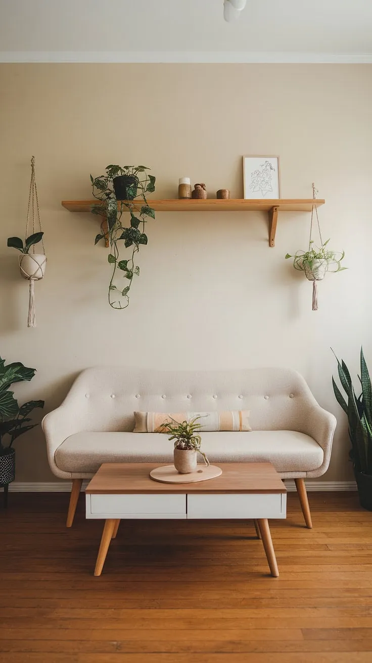 The japandi interiors of this living room feature a harmonious blend of minimalistic home decor, highlighted by a beige sofa and wooden elements, creating a tranquil japandi home atmosphere.