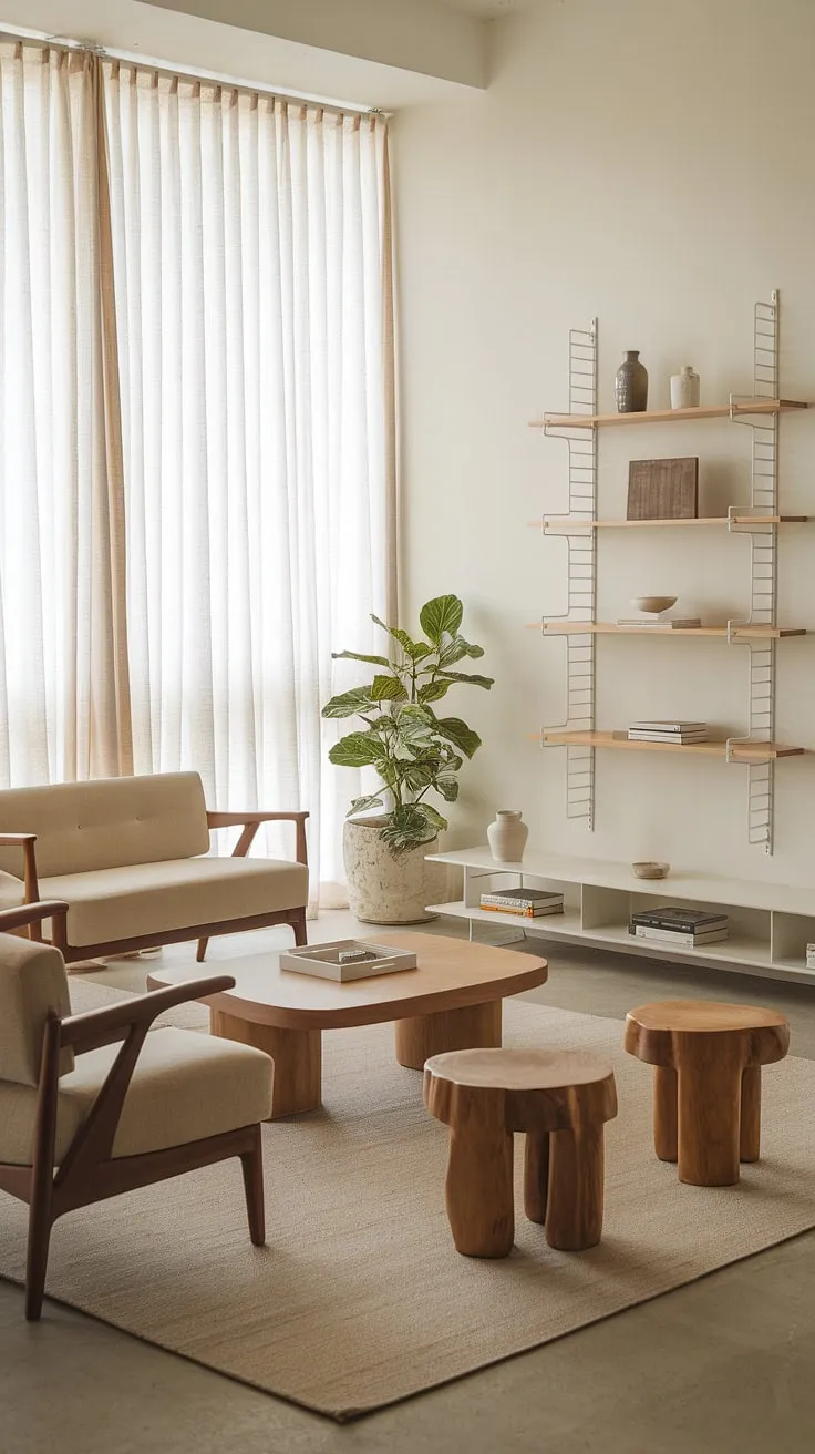 This Japandi living room showcases minimalistic home decor with a beige sofa, wooden accents, and a touch of greenery, perfectly embodying Japandi interior design.