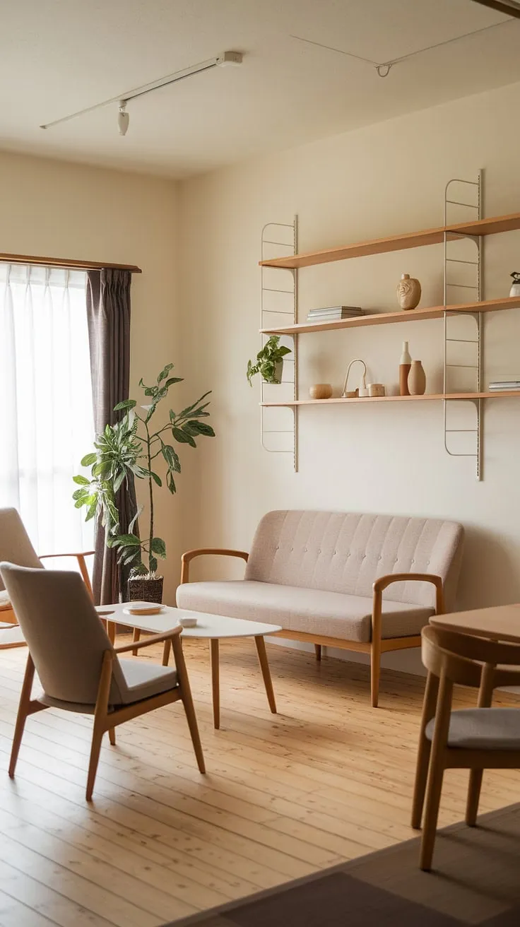 This Japandi living room showcases minimalistic home decor with a beige sofa, wooden elements, and a touch of greenery, creating a warm and inviting Japandi home.
