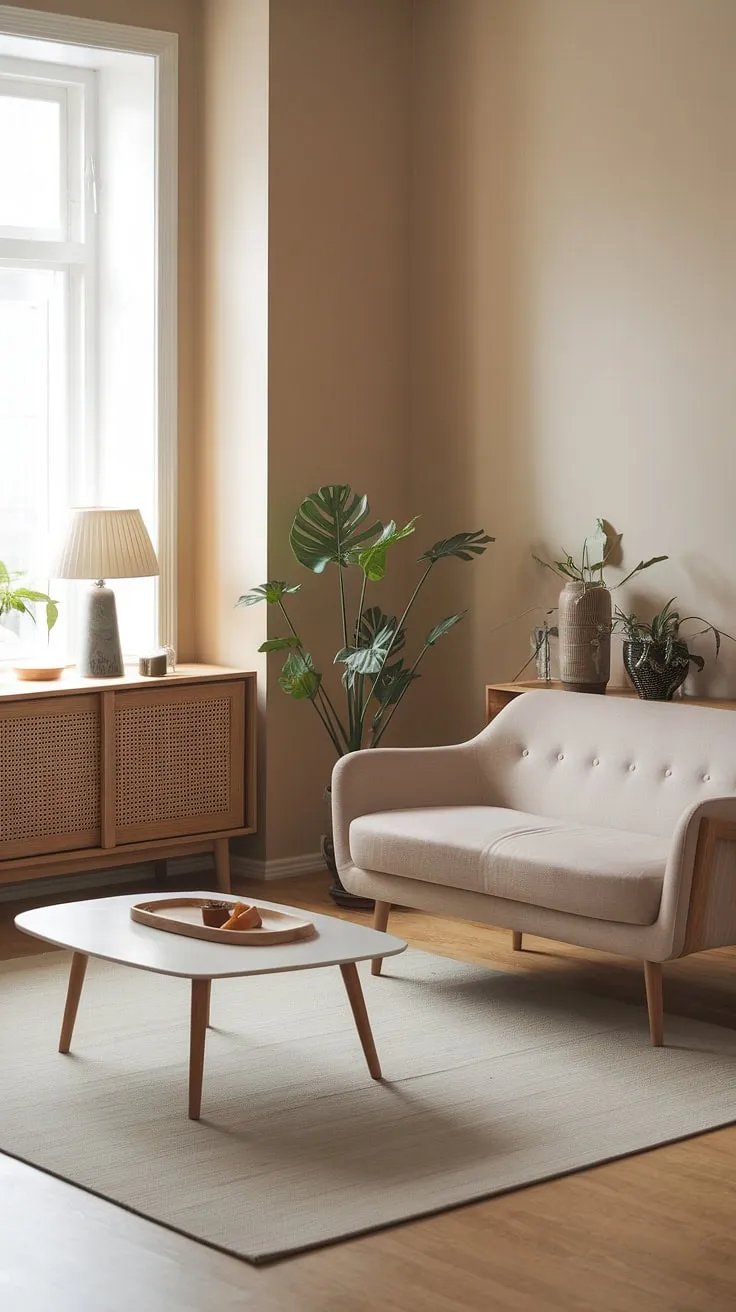 This japandi living room showcases minimalistic home decor with a beige sofa, wooden accents, and potted plants, perfectly embodying japandi interior design.
