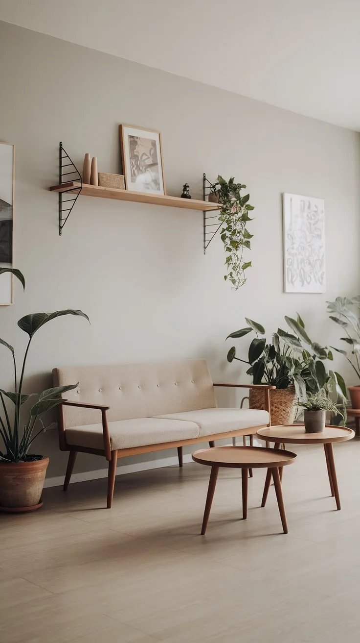 The Japandi interiors of this living room feature a harmonious blend of minimalistic home decor, including a beige sofa and wooden elements, creating a tranquil Japandi home atmosphere.