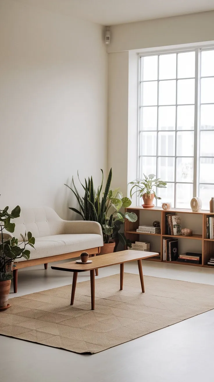 This Japandi living room showcases minimalistic home decor with a beige sofa, wooden accents, and natural light, perfectly embodying Japandi interior design.