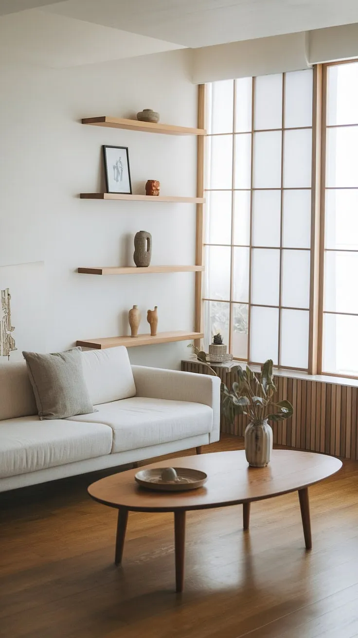 This Japandi living room showcases minimalistic home decor with a white sofa, wooden coffee table, and natural light, perfectly embodying Japandi interior design.