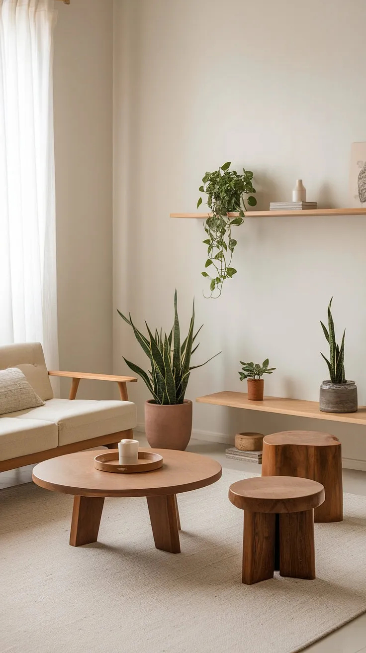 This Japandi living room showcases minimalistic home decor with a beige sofa, wooden accents, and soft lighting, creating a harmonious Japandi interior design.