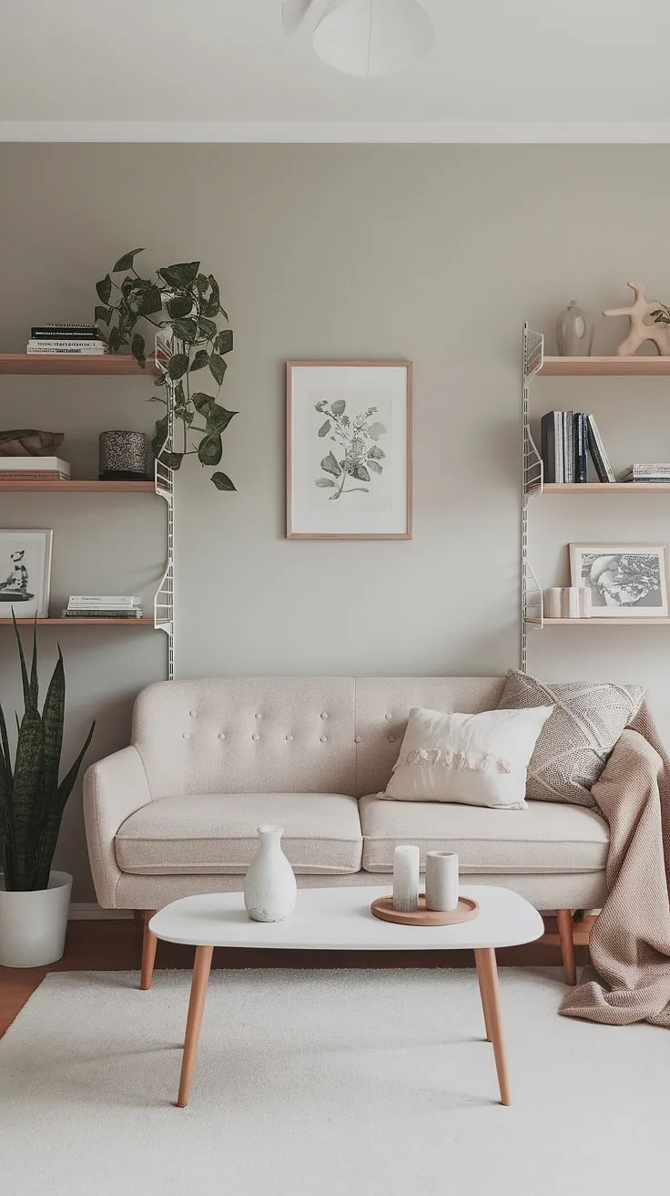 The Japandi home features a light grey backdrop and a cozy white rug, perfectly blending minimalistic home aesthetics with natural elements.