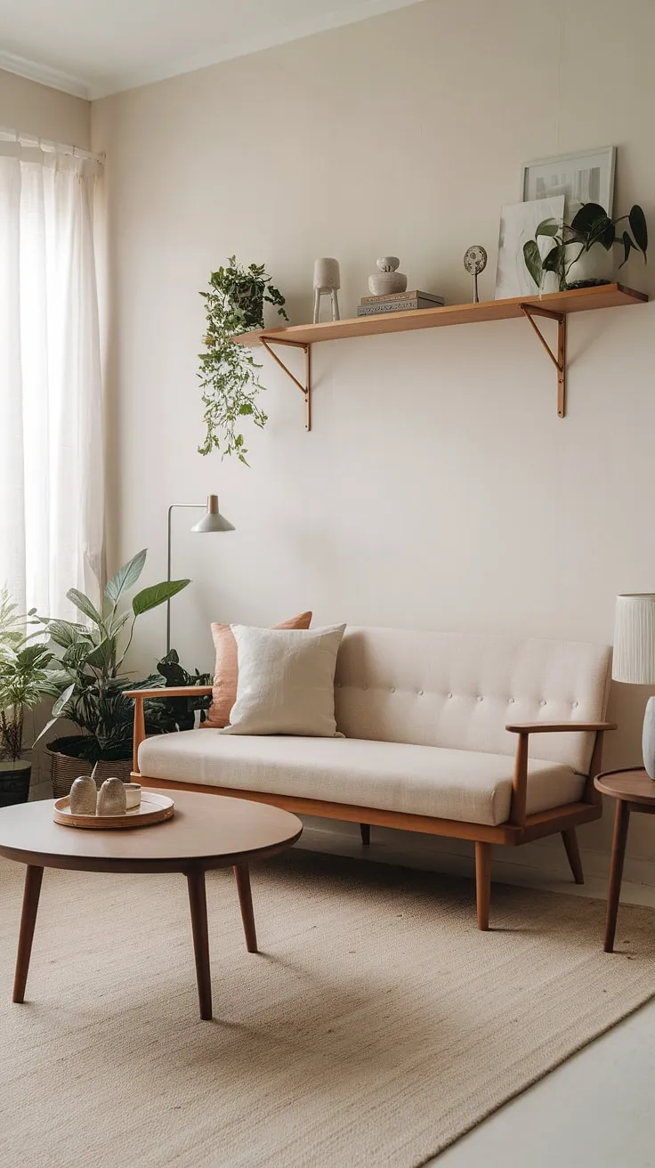 This japandi living room showcases minimalistic home decor with a beige sofa, wooden accents, and a harmonious blend of natural elements for a stylish japandi home.