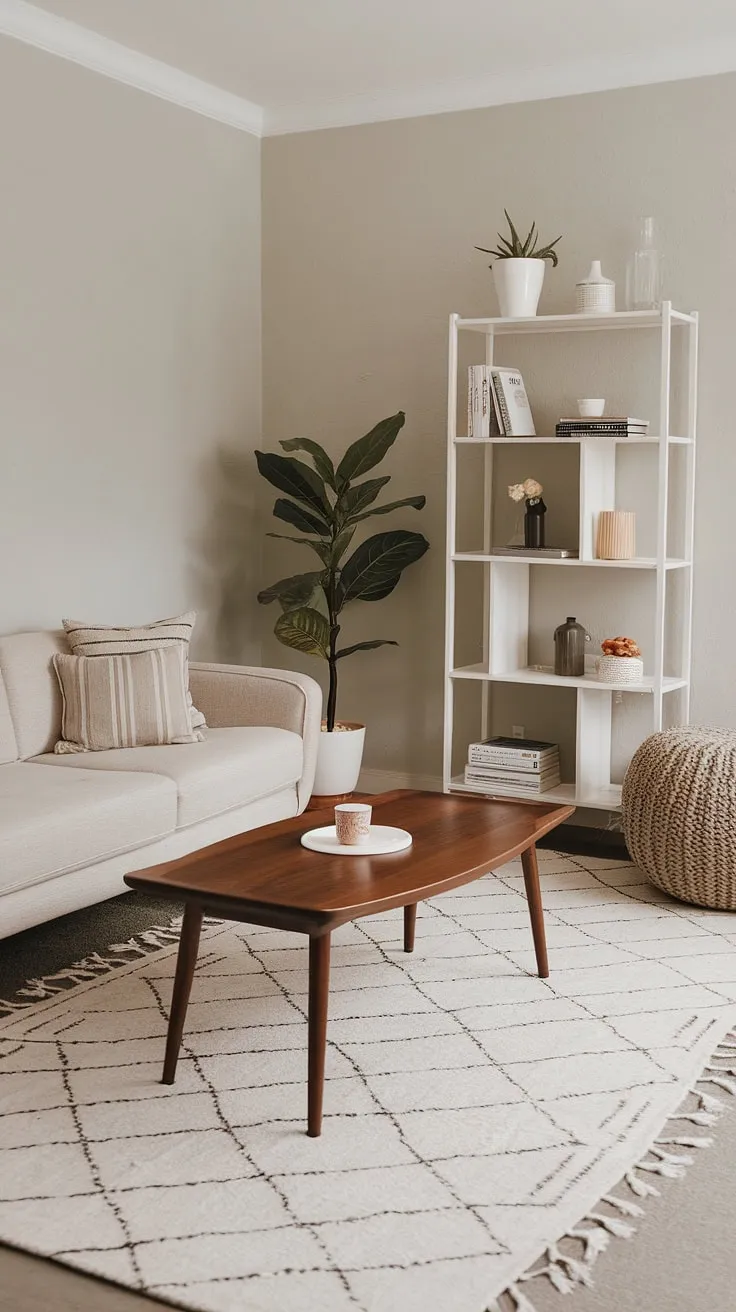 This Japandi living room showcases minimalistic home decor with a beige sofa, wooden coffee table, and geometric rug, perfectly embodying Japandi interior design.