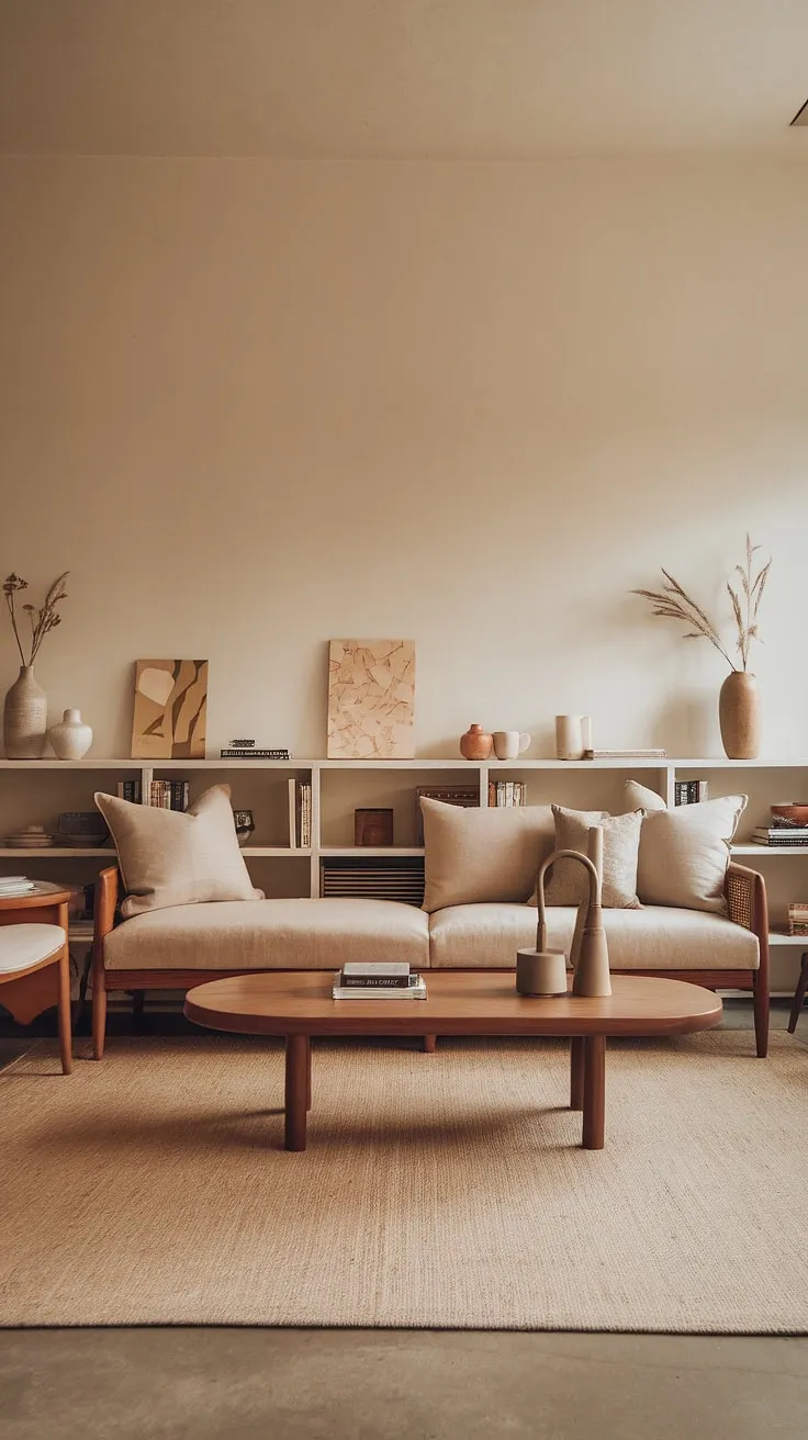 The warm and inviting Japandi interiors feature a beige sofa and wooden accents, creating a harmonious minimalistic home decor in this Japandi home.