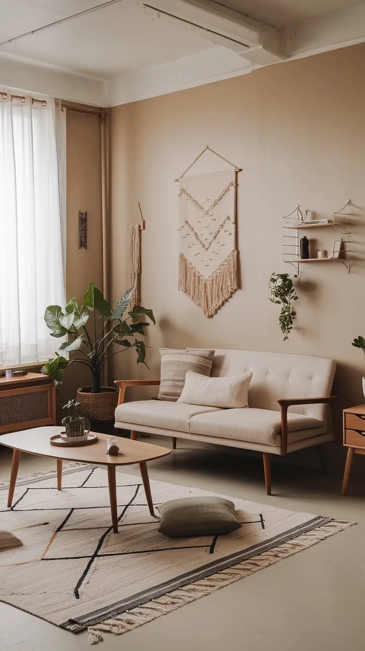 This Japandi living room showcases minimalistic home decor with a beige sofa, wooden accents, and a cozy atmosphere that perfectly embodies Japandi interior design.