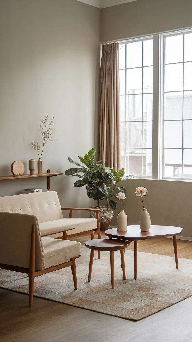 This Japandi living room showcases minimalistic home decor with a beige sofa, wooden accents, and light grey walls, perfectly embodying Japandi interior design.