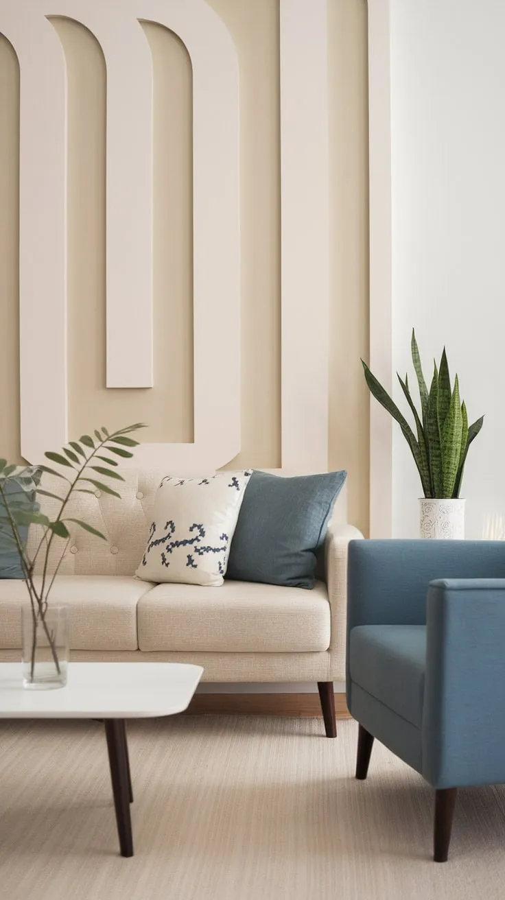 Featuring a harmonious blend of beige and white striped walls, a blue armchair, and a touch of greenery, this Japandi home exemplifies the beauty of Japandi style in minimalistic interiors.