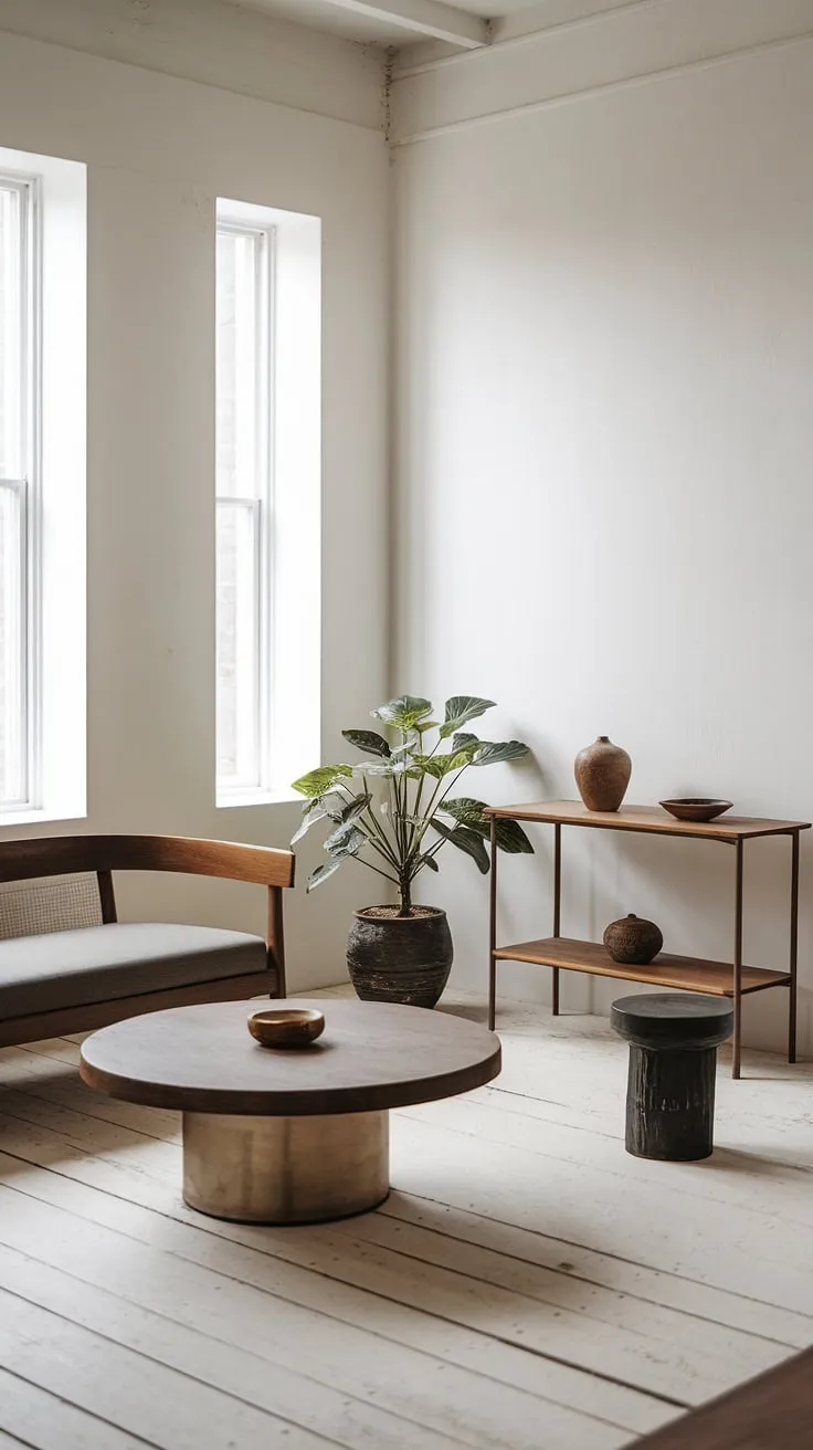 The Japandi interiors of this living room feature a harmonious blend of minimalistic home decor, highlighted by wooden elements and soft lighting, creating a tranquil Japandi home atmosphere.