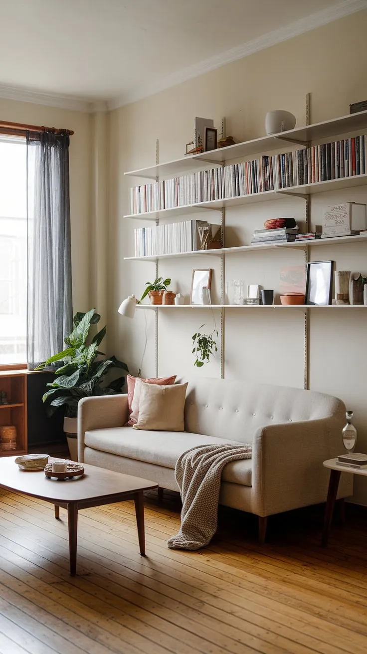 The Japandi interiors of this living room feature a harmonious blend of minimalistic home decor, highlighted by a cozy beige sofa and a wooden coffee table.