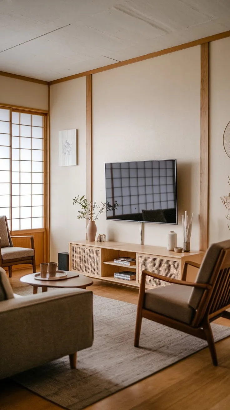 This Japandi living room features a zen minimalist interior with a Japanese-style TV wall and Muji-style cabinet, creating a warm and cozy family space.