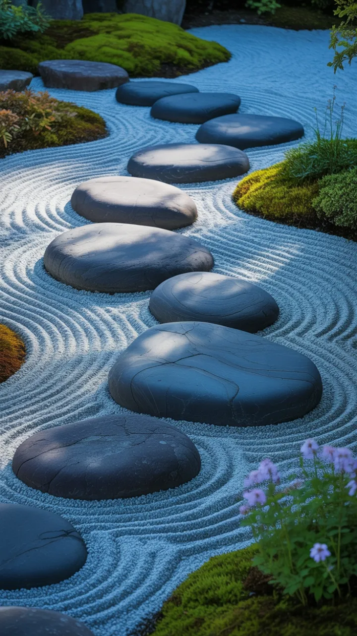 Sunlit Zen Garden of Raked Gravel, Smooth Stones and Purple Blooms