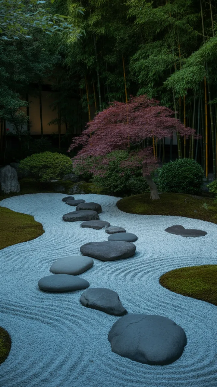Dusk's Crimson Maple Over a Sea of Raked Stones