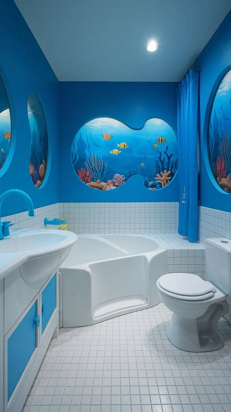 Transform your kids' bathroom into an enchanting ocean paradise with these under the sea bathroom ideas. This bright and airy space features a charming bluey bathroom design, complete with playful porthole windows depicting underwater scenes. The white bathtub, sink, and toilet provide a clean contrast to the blue walls, creating a delightful shared bathroom for siblings or guests. These children's bathroom ideas are perfect for creating a fun and functional kids restroom, offering a unique and memorable experience for young ones. Consider this for your next kids guest bathroom project.