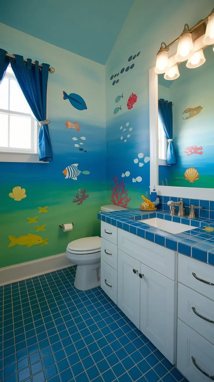 Transform your kids' restroom into an enchanting underwater paradise with these kids guest bathroom ideas. This bluey bathroom features a stunning ocean-themed design, with a gradient blue and green wall depicting vibrant fish, starfish, and seashells. The bright fun bathroom ideas extend to the blue and white tiled floor, creating a playful and functional space. Perfect as a shared bathroom, this children's bathroom offers a unique and imaginative escape for kids, showcasing the best in under the sea bathroom ideas.