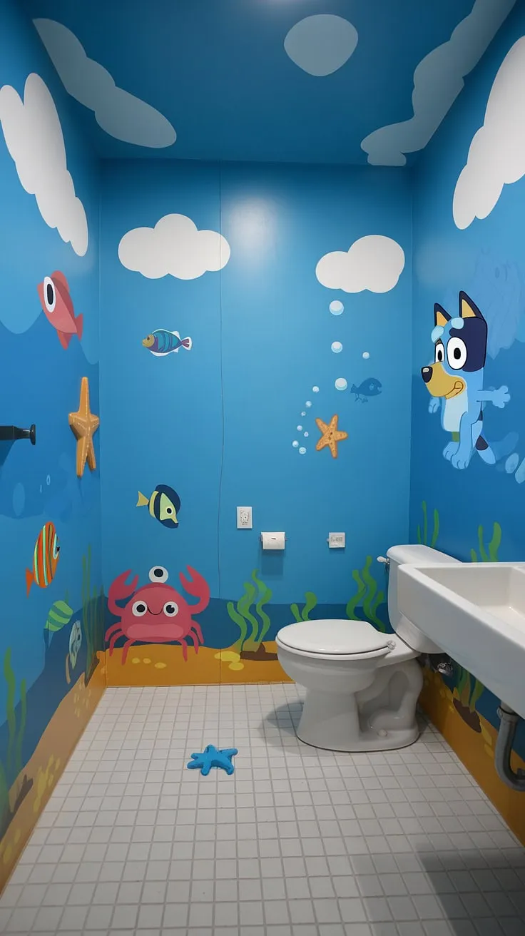 Dive into a world of underwater wonder with these bright fun bathroom ideas! This kid bathroom boasts an under the sea theme, complete with playful sea creatures, white clouds against a blue backdrop, and even a friendly Bluey! Perfect as shared bathroom ideas or kids guest bathroom ideas, this children's bathroom design offers a fun and imaginative space for little ones. The white and blue tiled floor complements the whimsical wall decor, making it a truly unique kids restroom ideas.