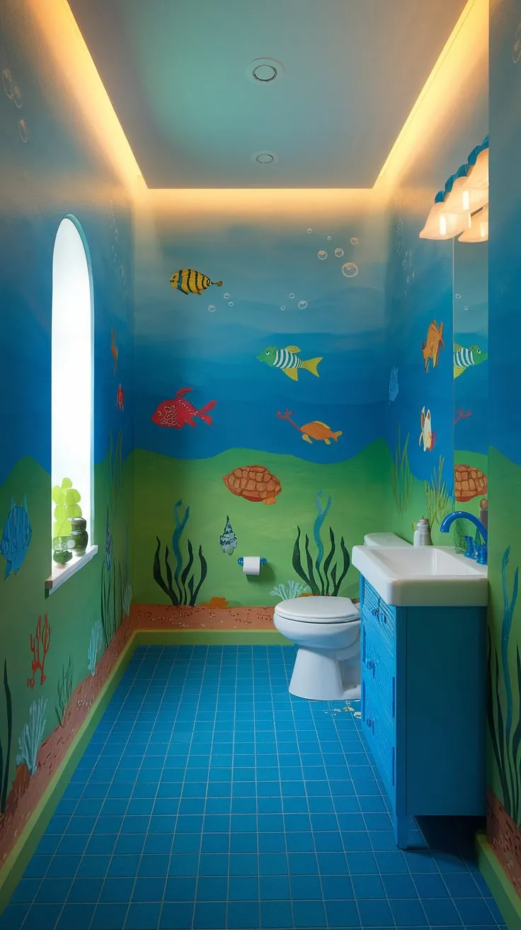 This charming bluey bathroom is bursting with under the sea bathroom ideas, making it the perfect kids bathroom. The ocean-inspired gradient walls, complete with playful fish, turtles, and octopuses, create a bright fun bathroom that's sure to delight. Ideal as shared bathroom ideas or even kids guest bathroom ideas, this children's bathroom design is both practical and whimsical. The blue tiled floor and coordinating blue cabinet add to the cohesive and fun kids restroom ideas.