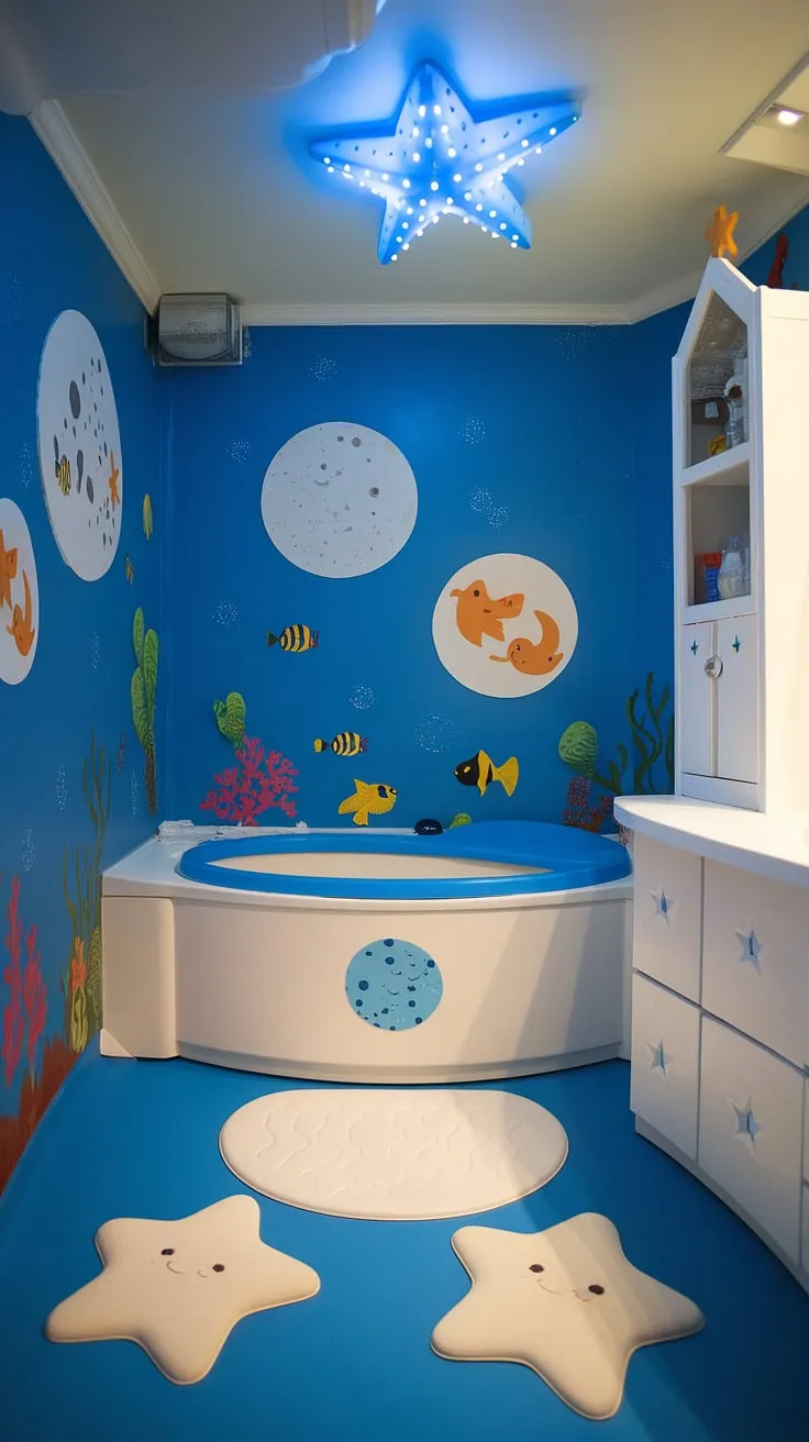 Dive into dreamy bath time! This bright, fun kid bathroom, perfect for shared bathroom ideas or a kids guest bathroom, boasts under the sea bathroom ideas and bluey bathroom ideas that will make bath time an adventure. Kids restroom ideas and children's bathroom ideas don't get much better than this.