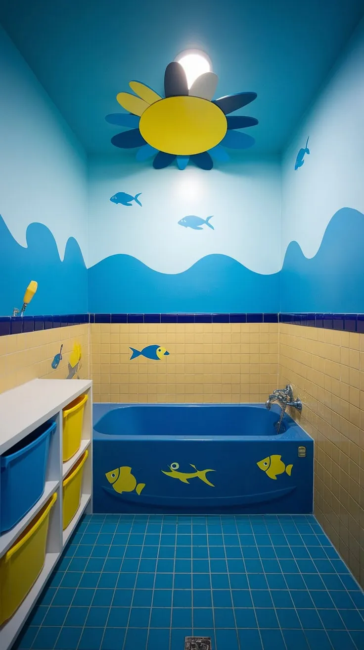 Dive into a world of playful possibilities with this bright and cheerful kid's bathroom! The wavy blue and yellow walls, a sunny yellow and blue sun above the tub, and cheerful fish stickers create a fun under the sea theme perfect for kids' restroom ideas or as a shared bathroom ideas for siblings. Bluey bathroom ideas come to life with the blue bathtub and coordinating yellow and blue tiled floor. White shelves with colorful storage bins add a practical touch to these children's bathroom ideas, making it a delightful and functional space, ideal even as a kids guest bathroom.