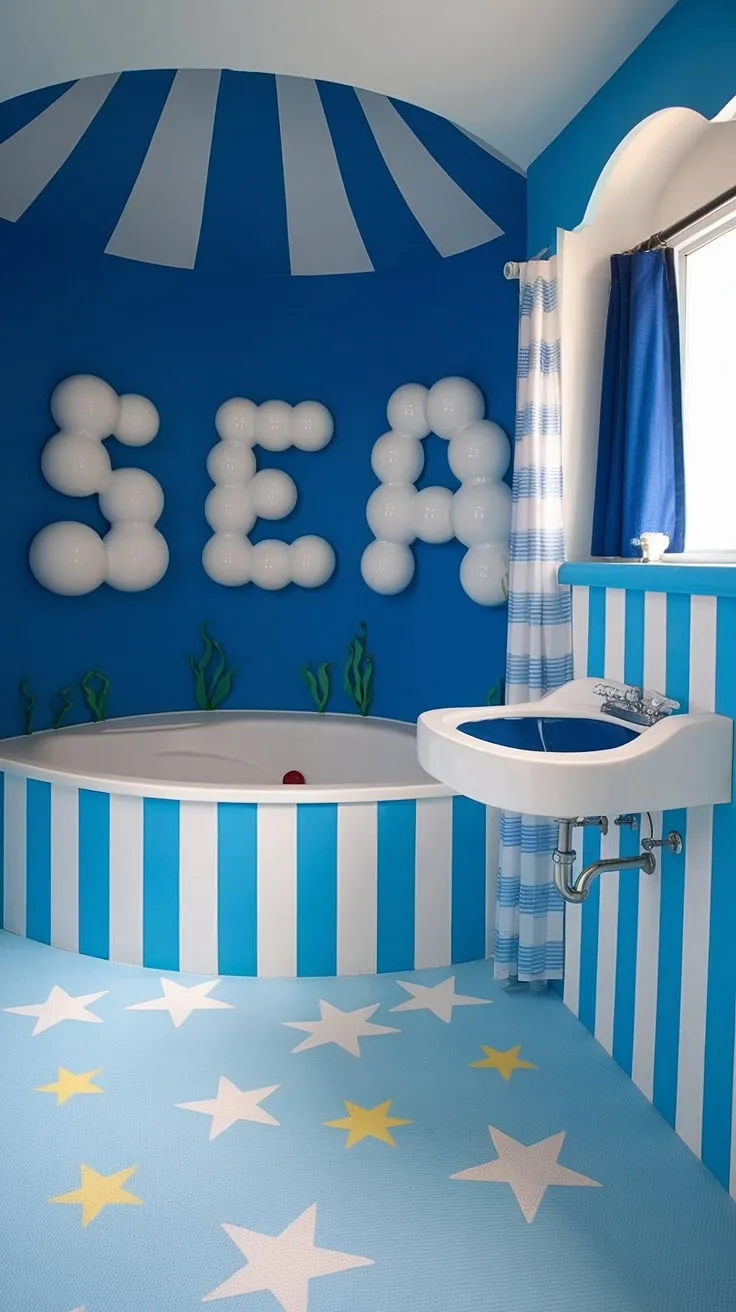 Transform your kids restroom into an ocean paradise! This kid bathroom boasts stunning under the sea bathroom ideas, making bath time an adventure. Perfect as shared bathroom ideas or kids guest bathroom ideas, this bluey bathroom design is bursting with bright, fun bathroom ideas.