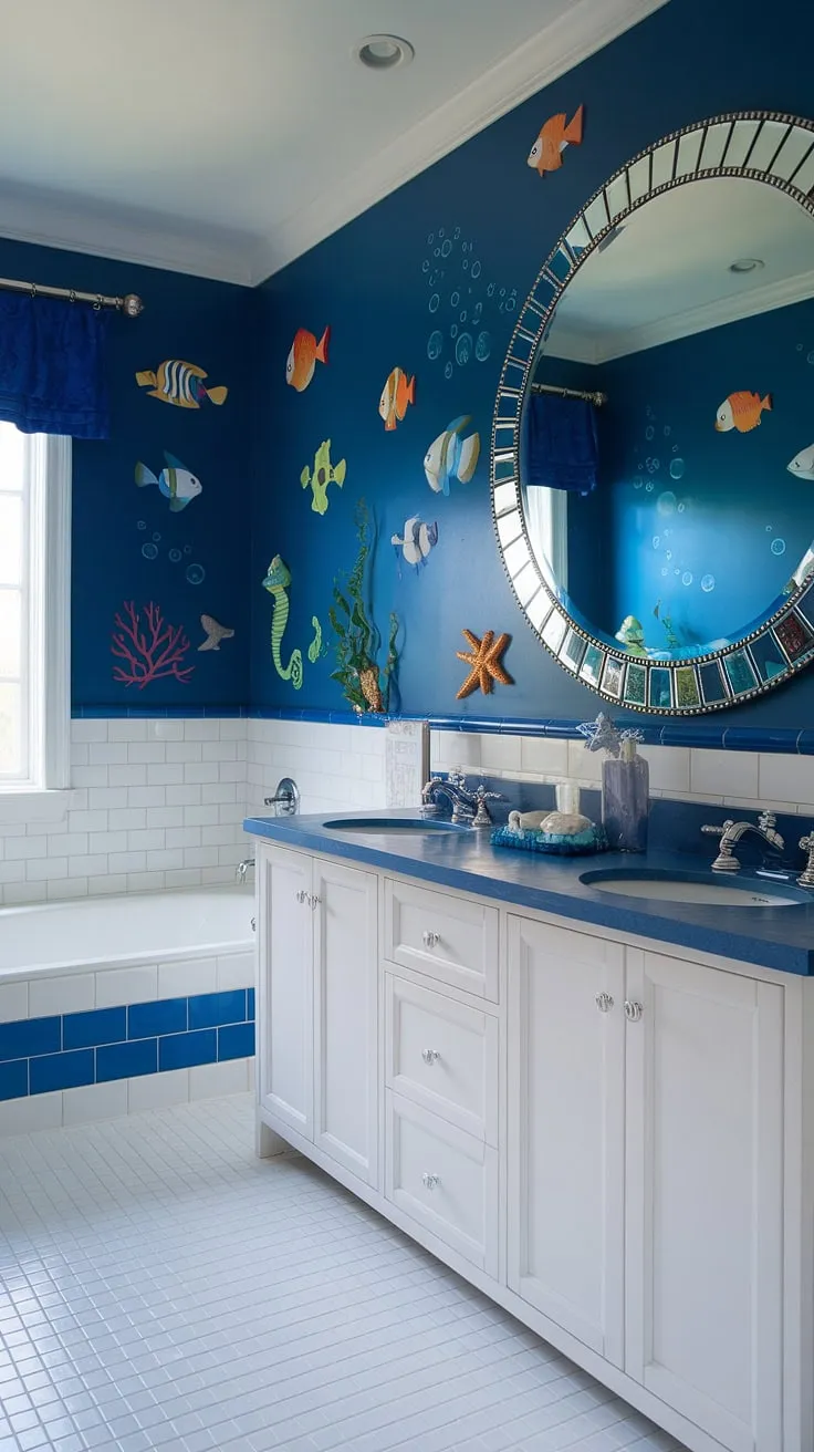 This charming kid bathroom showcases the best of under the sea bathroom ideas. The deep blue walls, adorned with whimsical fish, seahorses, and starfish, create a magical atmosphere. The white vanity with dual sinks and blue stone countertop provides ample space, making it ideal for shared bathroom ideas. White tiles and blue curtains complete the look, offering a practical yet playful kids restroom and a fantastic example of bright fun bathroom ideas and children's bathroom ideas, even perfect as a kids guest bathroom.