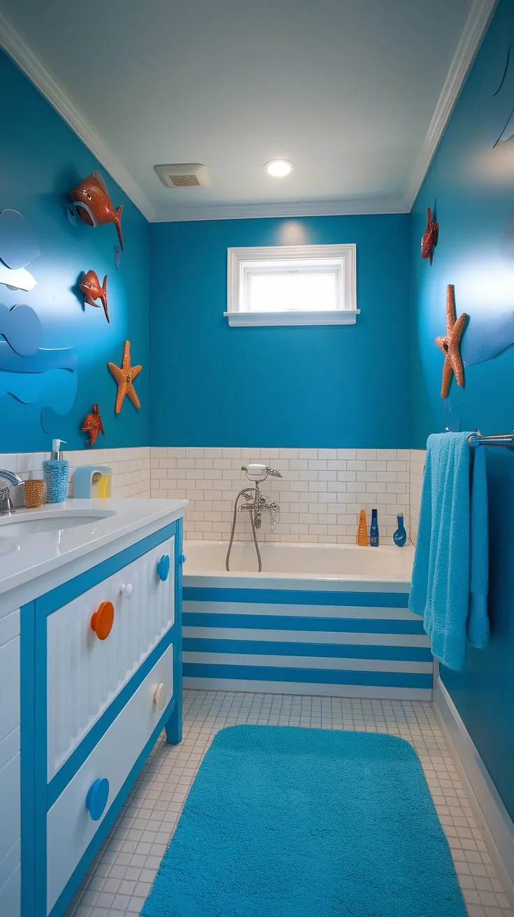 Bright fun bathroom ideas abound in this whimsical kid bathroom! Under the sea bathroom ideas meet practicality in this shared bathroom design, offering perfect kids guest bathroom ideas and children's bathroom ideas.
