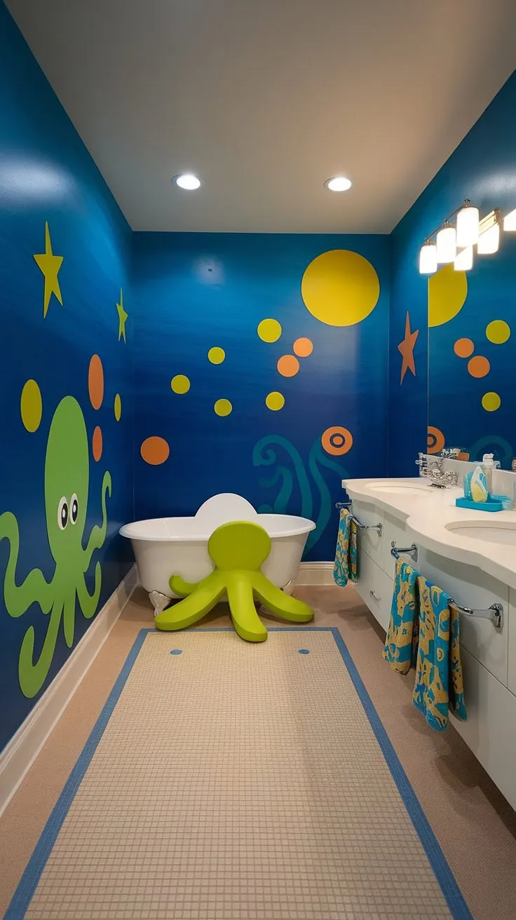 Dive into a world of underwater wonder with this bright and fun kid bathroom! The deep blue gradient walls, adorned with playful polka dots, swirling patterns, and cheerful sea creatures like a friendly octopus and a sunny yellow sun, create a whimsical atmosphere perfect for little ones. The beige and blue checkered floor adds a touch of nautical charm, complementing the unique octopus-shaped bathtub. With its dual sinks and plenty of space, this shared bathroom is ideal for siblings, making bath time a joyful experience. This design offers fantastic bright fun bathroom ideas, under the sea bathroom ideas, and bluey bathroom ideas, all while serving as a great example of kids restroom ideas, children's bathroom ideas, and kids guest bathroom ideas.
