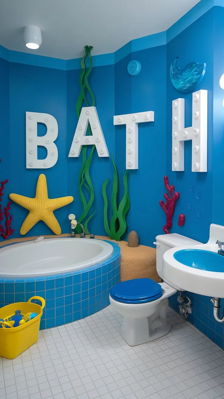 Dive into fun with these bright, fun bathroom ideas! This under-the-sea themed kid bathroom, perfect for shared bathroom ideas or a kids guest bathroom, offers a playful space for little ones. Bluey bathroom ideas meet children's bathroom ideas in this charming kids restroom.