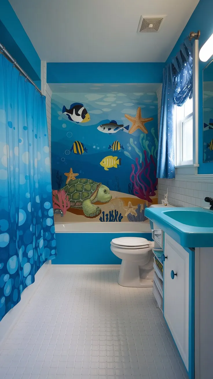Dive into this bright and fun kid's bathroom, brimming with under-the-sea charm! The blue walls, complete with a captivating mural of fish, starfish, and a sea turtle, create a whimsical underwater world. Perfect as shared bathroom ideas or a kids' guest bathroom, this bluey bathroom design offers plenty of space and playful details, from the bluey bathtub and shower curtain to the white tiled floor. These children's bathroom ideas are sure to inspire your own kids restroom ideas.
