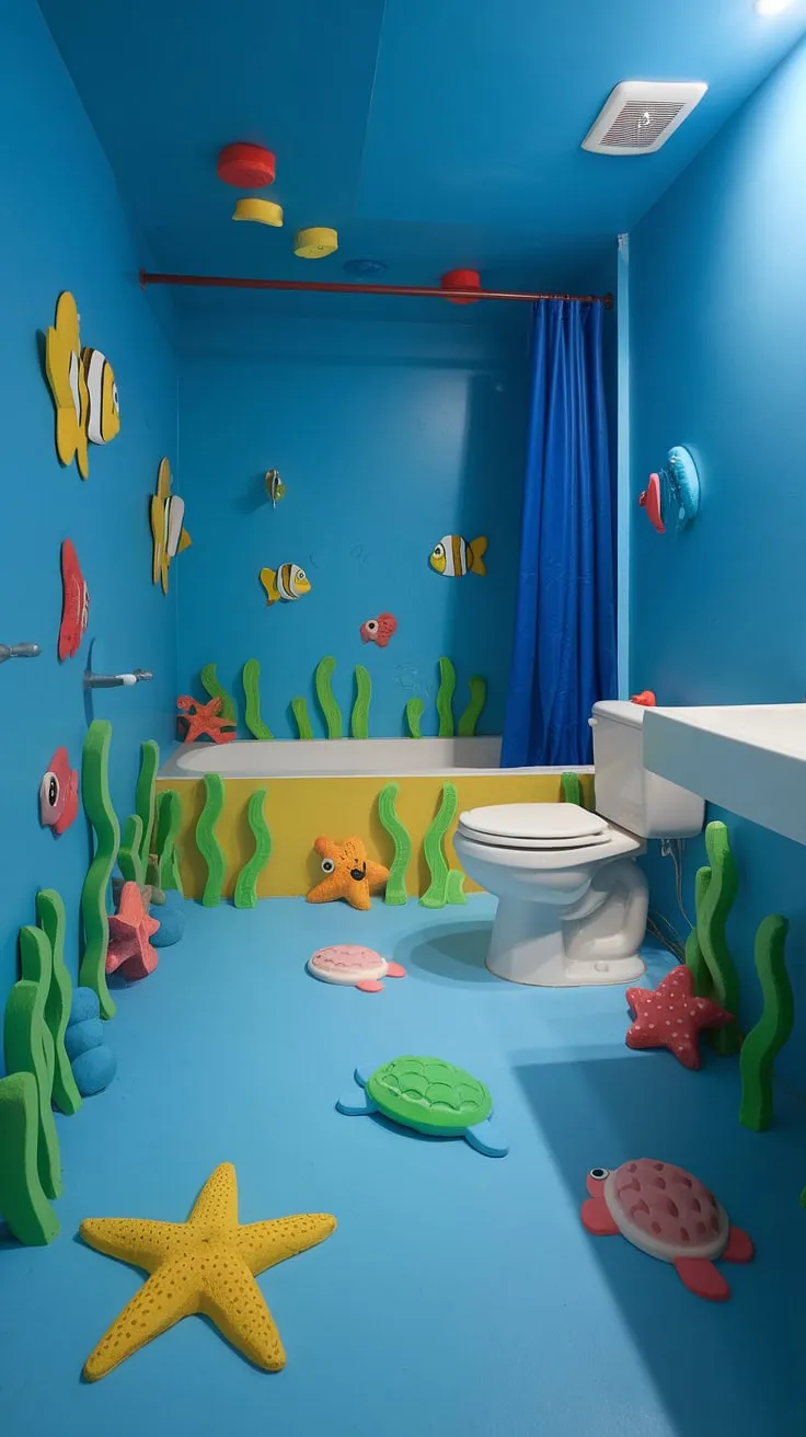 Dive into fun with these bright, fun bathroom ideas! This kid's bathroom, perfect for shared bathroom ideas or a kids' guest bathroom, boasts an under-the-sea theme with playful bluey bathroom ideas. The blue walls and floor are adorned with whimsical foam sea creatures, transforming this kids restroom into a captivating underwater world. From the bathtub to the sink and toilet, every detail contributes to these creative children's bathroom ideas.