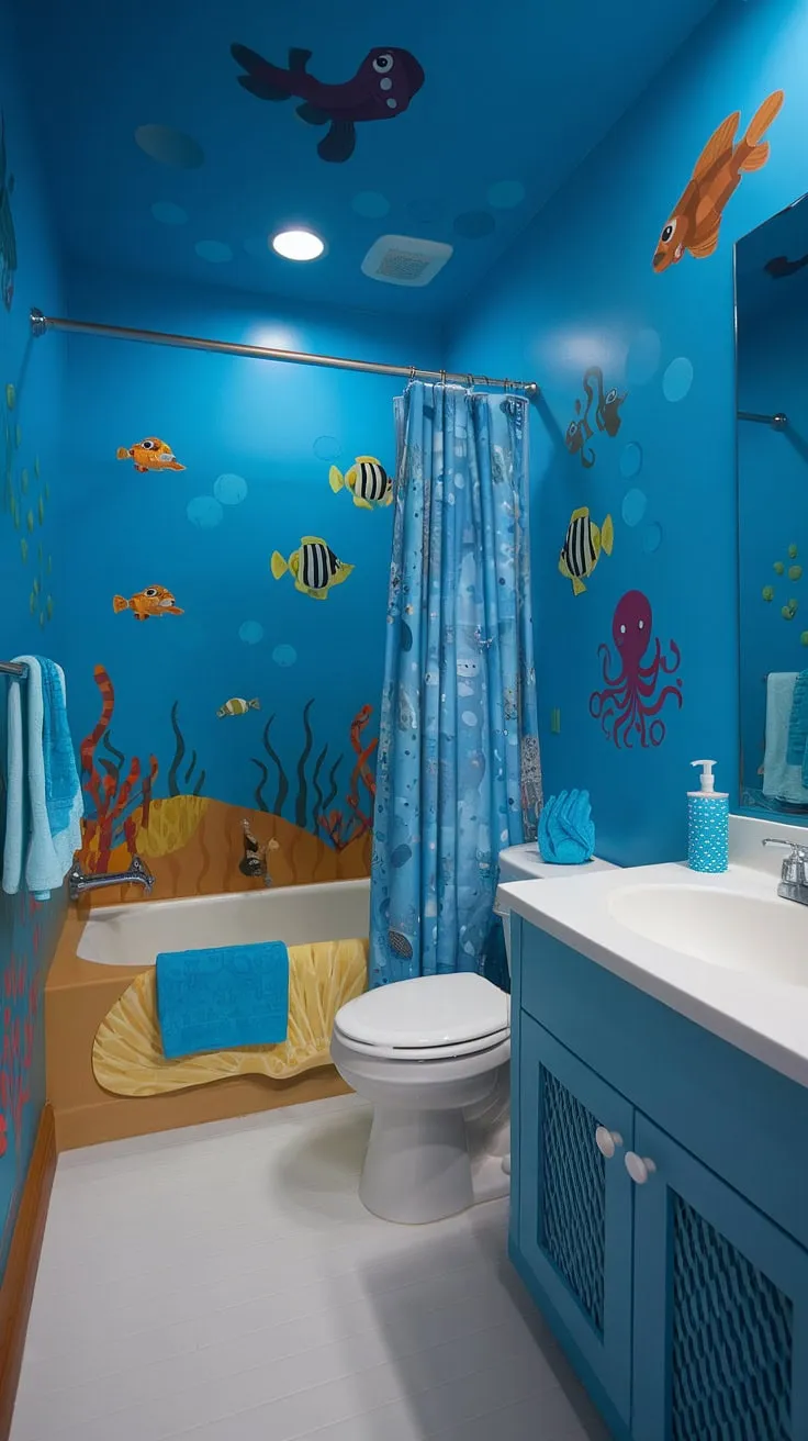 This charming bluey bathroom is a perfect example of under the sea bathroom ideas for kids. The kid bathroom features a delightful array of sea creatures, transforming this shared bathroom into a fun and imaginative space. These kids restroom ideas, perfect for children's bathroom ideas or a kids guest bathroom, are sure to bring joy to any young one. Consider this when brainstorming bright fun bathroom ideas for your little ones.