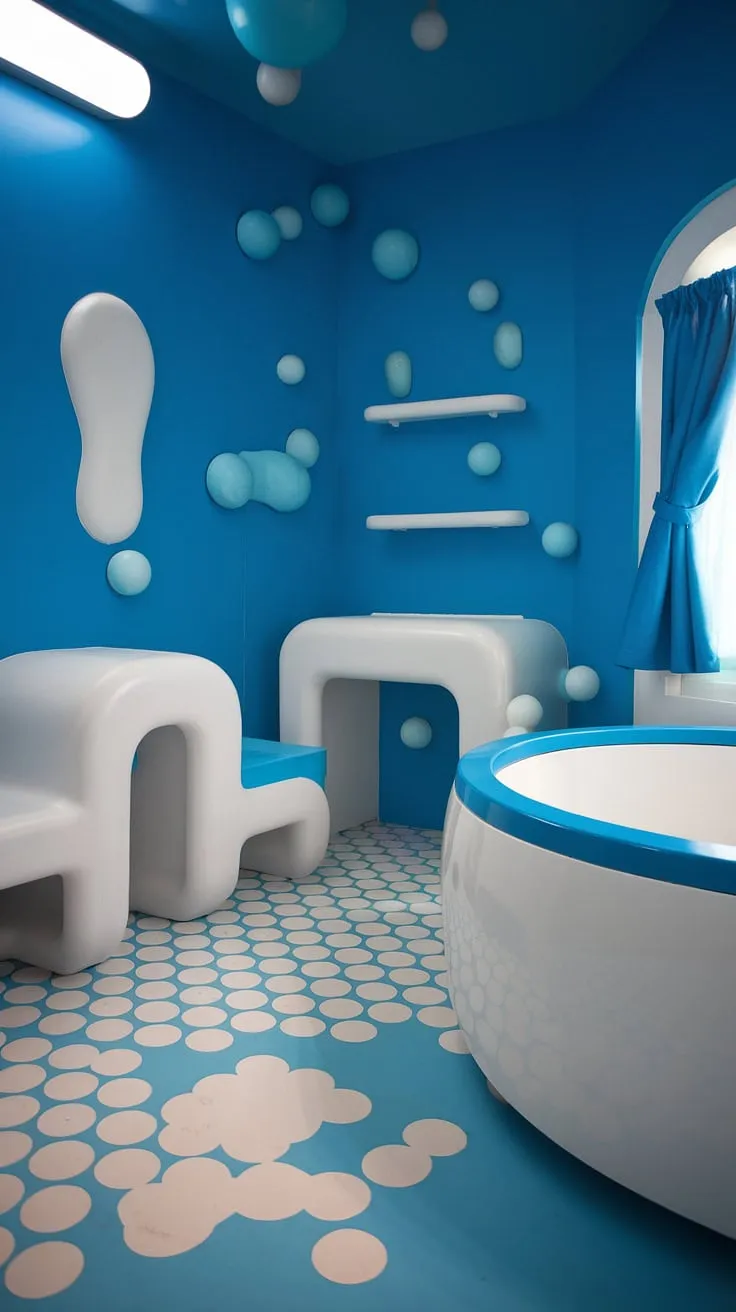Dive into fun with these bright, fun bathroom ideas! This under-the-sea themed kid bathroom, perfect for shared bathroom ideas or a kids' guest bathroom, offers a playful space for little ones. Bluey bathroom ideas meet children's bathroom ideas in this dreamy kids restroom.