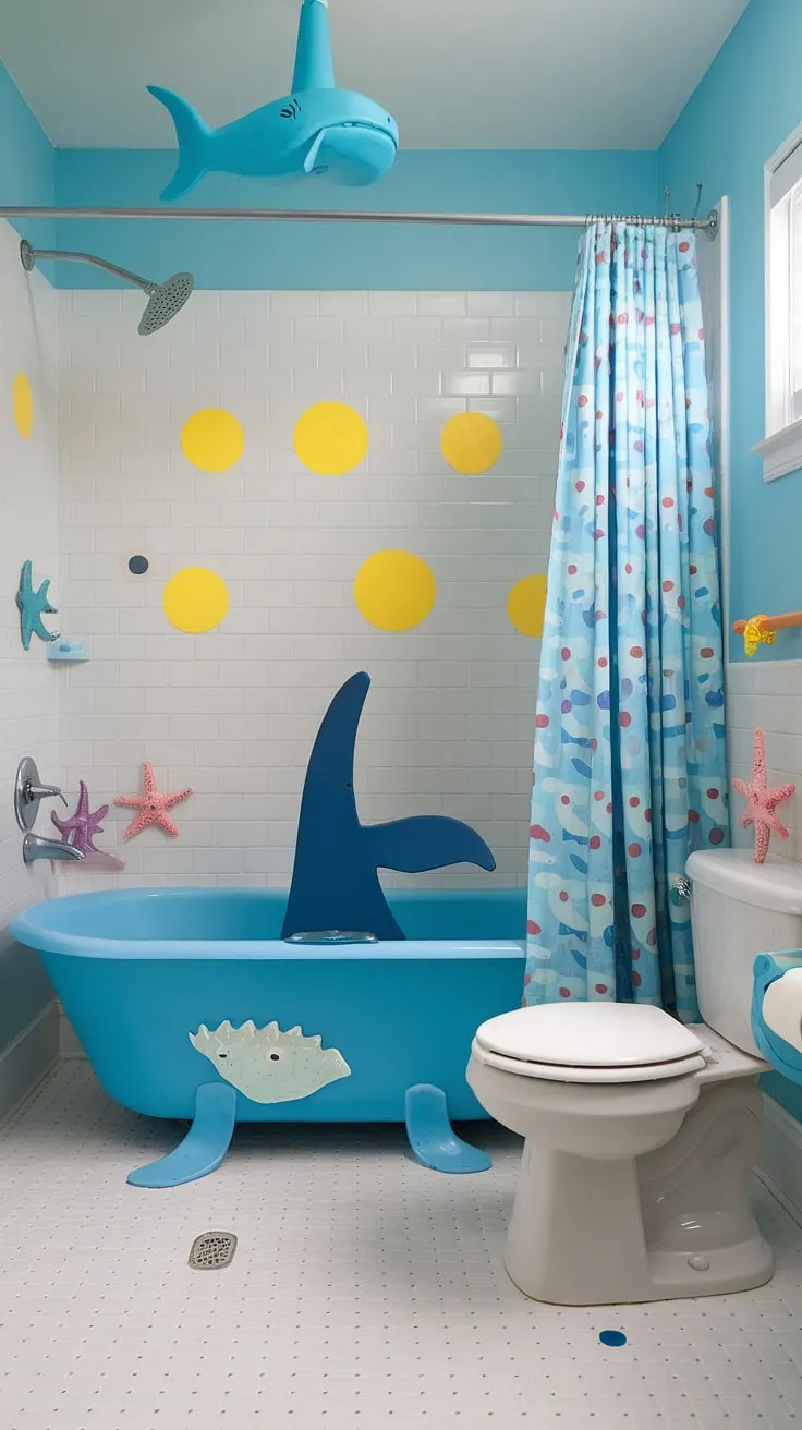Transform your kids' guest bathroom into an ocean paradise! This kid bathroom boasts bright fun bathroom ideas with an under-the-sea theme, making bath time an adventure. Perfect for shared bathroom spaces and brimming with children's bathroom ideas.