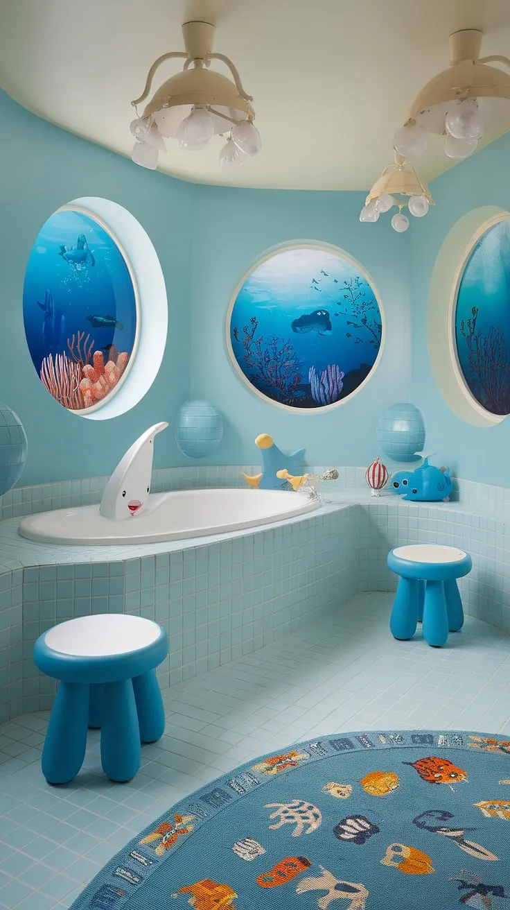 This enchanting kid bathroom is brimming with bright fun bathroom ideas, transforming bath time into an underwater adventure. The under the sea theme is brought to life with light blue walls, large round windows depicting captivating ocean scenes, and a playful whale bathtub spout. The blue and white checkered floor, complemented by charming blue stools with white seats, adds a touch of vintage charm. This shared bathroom, perfect for kids guest bathroom ideas, offers a delightful space for children, showcasing creative kids restroom ideas and children's bathroom ideas. It's a stunning example of how to design a bluey bathroom that's both functional and incredibly imaginative.